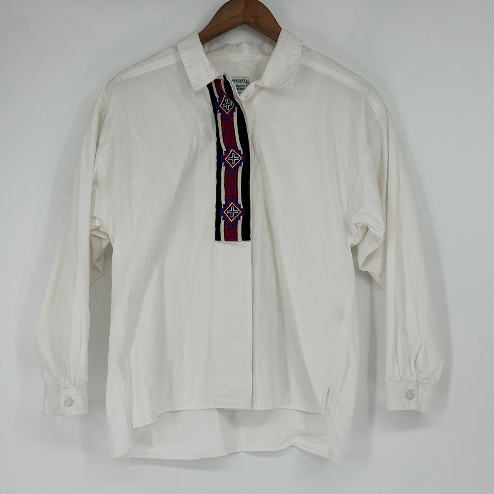 Vintage Southwestern Embroidered Cotton Hairston Roberson Camisa White Boho USA
